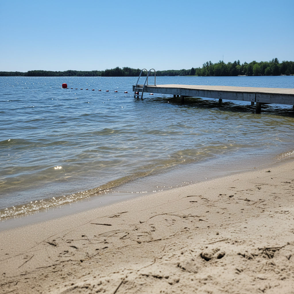 A detailed close-up of the sandy shoreline at a Manitoba lake within a seasonal campground, showing clean, light-colored sand transitioning into shallow, crystal-clear water with gentle ripples. A sturdy wooden swim dock with metal ladder extends from the shore, while in the background a modest buoy line faintly marks the swimming area. The far shore reveals a thin band of treeline beneath a clear blue sky. Soft afternoon sunlight creates sparkling highlights on the water’s surface and subtle texture in the sand. Photographic realism, shot from a low angle near the ground with a moderate depth of field, conveying a serene, safe, and family-friendly waterfront environment.